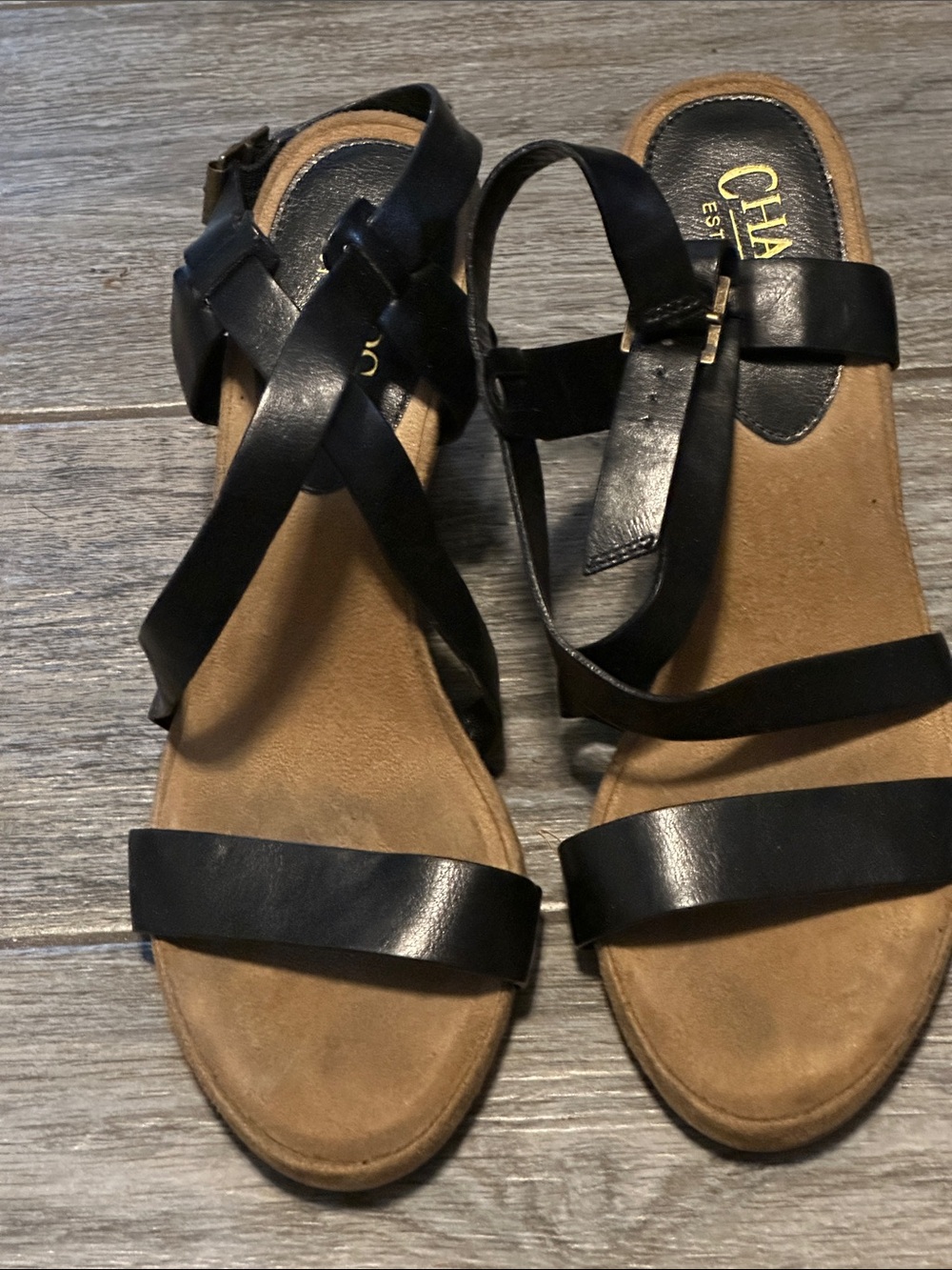 Chaps Black Strappy Leather Sandals with Tan Footbed